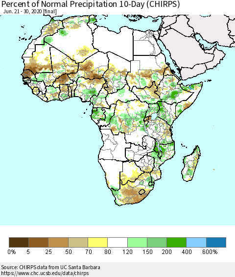 Africa Percent of Normal Precipitation 10-Day (CHIRPS) Thematic Map For 6/21/2020 - 6/30/2020