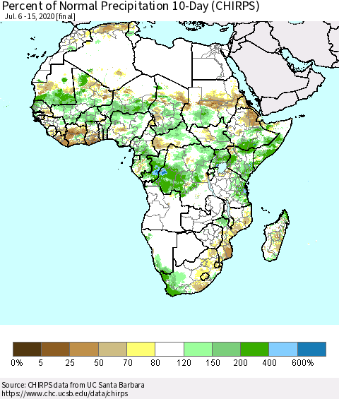 Africa Percent of Normal Precipitation 10-Day (CHIRPS) Thematic Map For 7/6/2020 - 7/15/2020