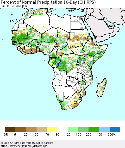 Africa Percent of Normal Precipitation 10-Day (CHIRPS) Thematic Map For 7/11/2020 - 7/20/2020