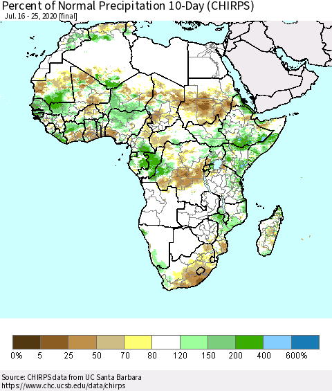 Africa Percent of Normal Precipitation 10-Day (CHIRPS) Thematic Map For 7/16/2020 - 7/25/2020