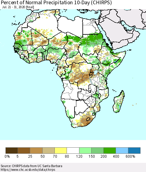 Africa Percent of Normal Precipitation 10-Day (CHIRPS) Thematic Map For 7/21/2020 - 7/31/2020