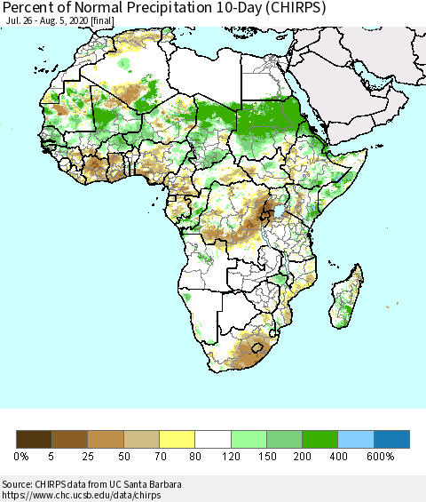 Africa Percent of Normal Precipitation 10-Day (CHIRPS) Thematic Map For 7/26/2020 - 8/5/2020