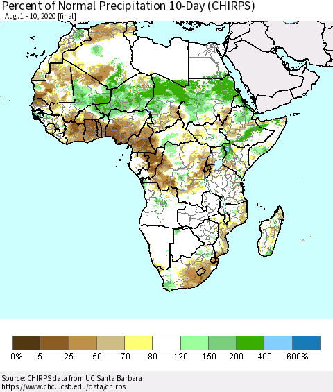 Africa Percent of Normal Precipitation 10-Day (CHIRPS) Thematic Map For 8/1/2020 - 8/10/2020
