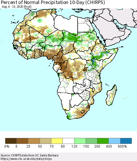 Africa Percent of Normal Precipitation 10-Day (CHIRPS) Thematic Map For 8/6/2020 - 8/15/2020