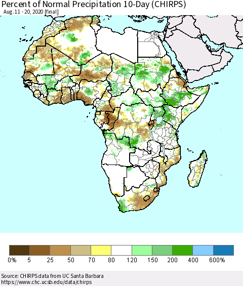 Africa Percent of Normal Precipitation 10-Day (CHIRPS) Thematic Map For 8/11/2020 - 8/20/2020
