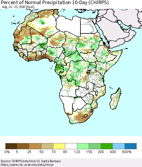 Africa Percent of Normal Precipitation 10-Day (CHIRPS) Thematic Map For 8/16/2020 - 8/25/2020