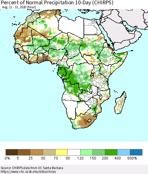 Africa Percent of Normal Precipitation 10-Day (CHIRPS) Thematic Map For 8/21/2020 - 8/31/2020