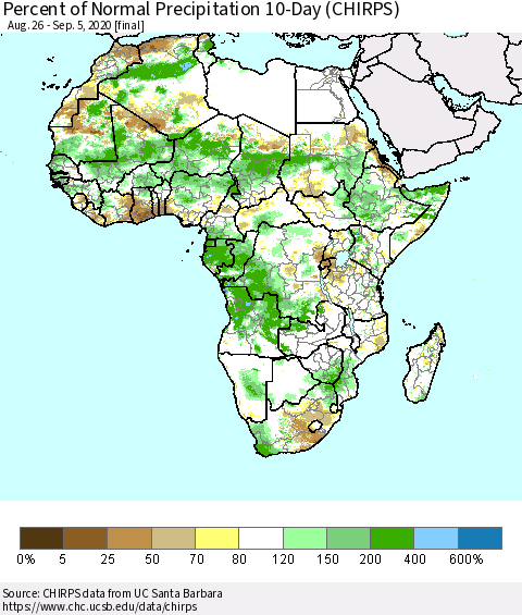 Africa Percent of Normal Precipitation 10-Day (CHIRPS) Thematic Map For 8/26/2020 - 9/5/2020