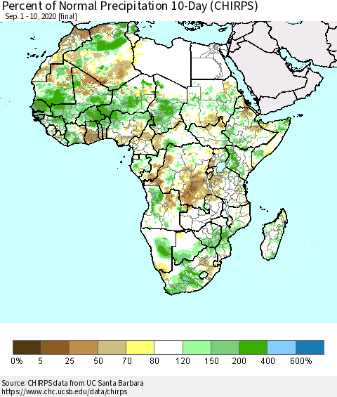 Africa Percent of Normal Precipitation 10-Day (CHIRPS) Thematic Map For 9/1/2020 - 9/10/2020