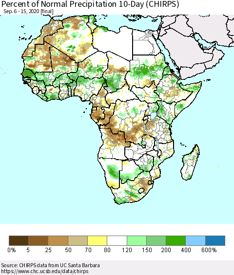Africa Percent of Normal Precipitation 10-Day (CHIRPS) Thematic Map For 9/6/2020 - 9/15/2020