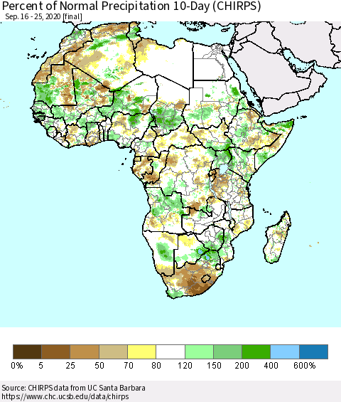 Africa Percent of Normal Precipitation 10-Day (CHIRPS) Thematic Map For 9/16/2020 - 9/25/2020