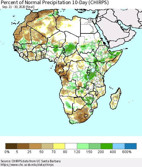 Africa Percent of Normal Precipitation 10-Day (CHIRPS) Thematic Map For 9/21/2020 - 9/30/2020
