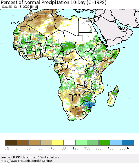 Africa Percent of Normal Precipitation 10-Day (CHIRPS) Thematic Map For 9/26/2020 - 10/5/2020