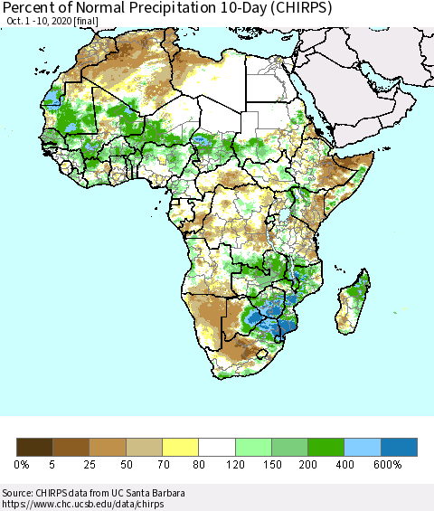 Africa Percent of Normal Precipitation 10-Day (CHIRPS) Thematic Map For 10/1/2020 - 10/10/2020