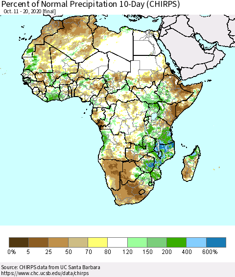 Africa Percent of Normal Precipitation 10-Day (CHIRPS) Thematic Map For 10/11/2020 - 10/20/2020
