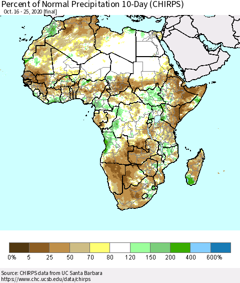 Africa Percent of Normal Precipitation 10-Day (CHIRPS) Thematic Map For 10/16/2020 - 10/25/2020