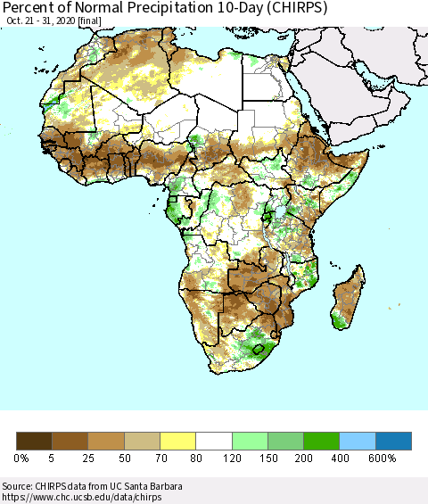 Africa Percent of Normal Precipitation 10-Day (CHIRPS) Thematic Map For 10/21/2020 - 10/31/2020