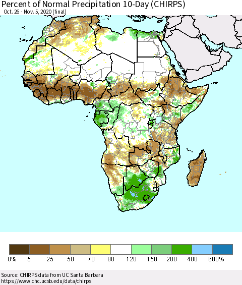 Africa Percent of Normal Precipitation 10-Day (CHIRPS) Thematic Map For 10/26/2020 - 11/5/2020