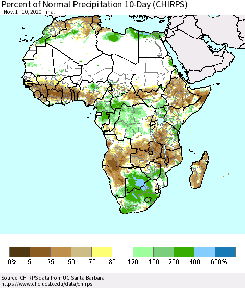 Africa Percent of Normal Precipitation 10-Day (CHIRPS) Thematic Map For 11/1/2020 - 11/10/2020
