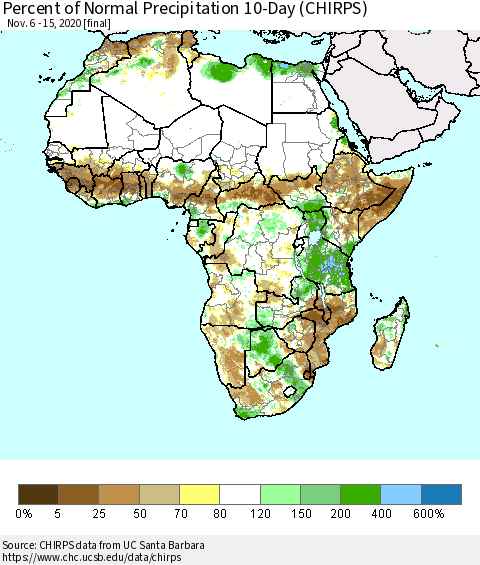 Africa Percent of Normal Precipitation 10-Day (CHIRPS) Thematic Map For 11/6/2020 - 11/15/2020