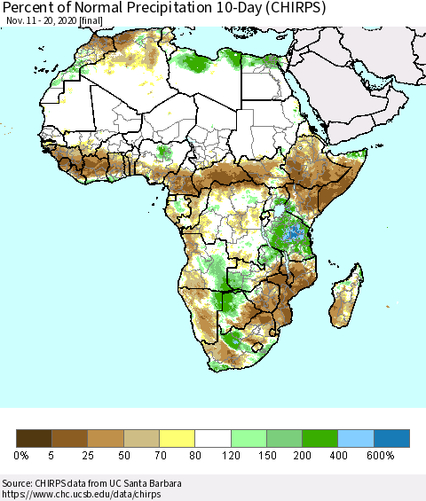 Africa Percent of Normal Precipitation 10-Day (CHIRPS) Thematic Map For 11/11/2020 - 11/20/2020