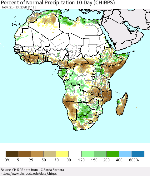 Africa Percent of Normal Precipitation 10-Day (CHIRPS) Thematic Map For 11/21/2020 - 11/30/2020