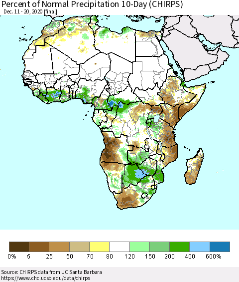 Africa Percent of Normal Precipitation 10-Day (CHIRPS) Thematic Map For 12/11/2020 - 12/20/2020