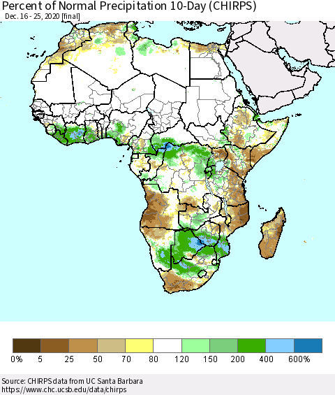 Africa Percent of Normal Precipitation 10-Day (CHIRPS) Thematic Map For 12/16/2020 - 12/25/2020