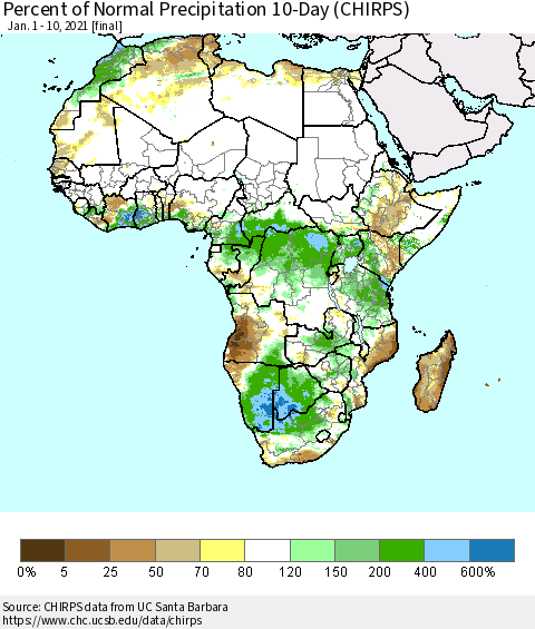 Africa Percent of Normal Precipitation 10-Day (CHIRPS) Thematic Map For 1/1/2021 - 1/10/2021