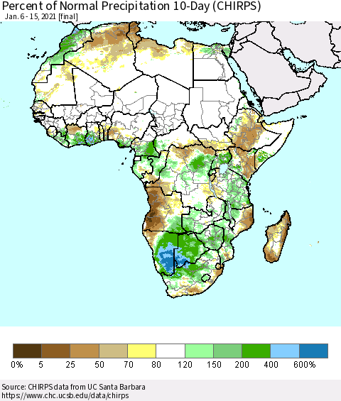 Africa Percent of Normal Precipitation 10-Day (CHIRPS) Thematic Map For 1/6/2021 - 1/15/2021
