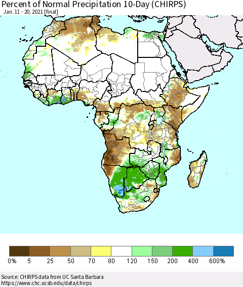 Africa Percent of Normal Precipitation 10-Day (CHIRPS) Thematic Map For 1/11/2021 - 1/20/2021