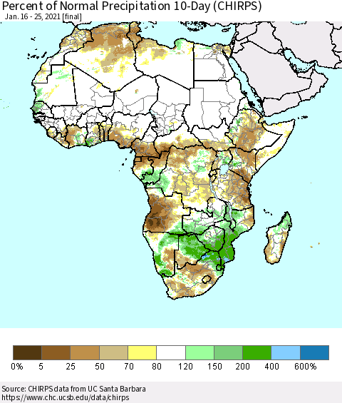 Africa Percent of Normal Precipitation 10-Day (CHIRPS) Thematic Map For 1/16/2021 - 1/25/2021