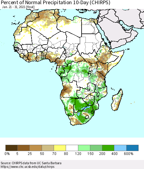 Africa Percent of Normal Precipitation 10-Day (CHIRPS) Thematic Map For 1/21/2021 - 1/31/2021