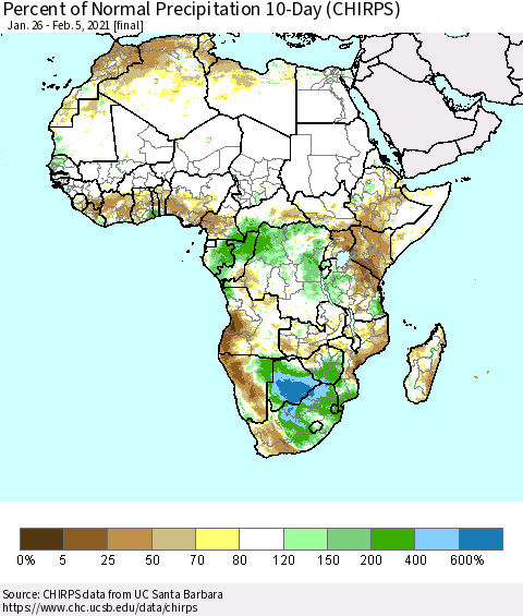 Africa Percent of Normal Precipitation 10-Day (CHIRPS) Thematic Map For 1/26/2021 - 2/5/2021