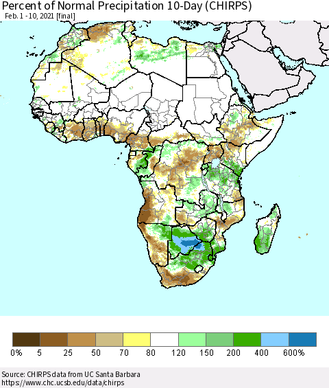 Africa Percent of Normal Precipitation 10-Day (CHIRPS) Thematic Map For 2/1/2021 - 2/10/2021