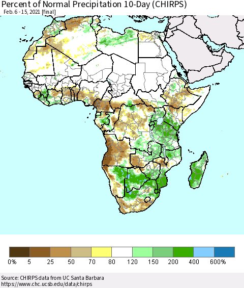 Africa Percent of Normal Precipitation 10-Day (CHIRPS) Thematic Map For 2/6/2021 - 2/15/2021