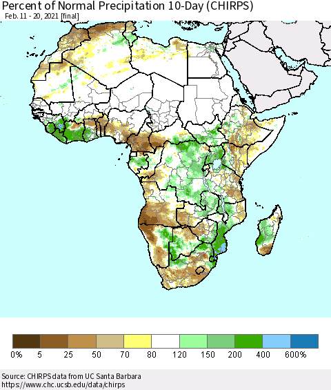 Africa Percent of Normal Precipitation 10-Day (CHIRPS) Thematic Map For 2/11/2021 - 2/20/2021