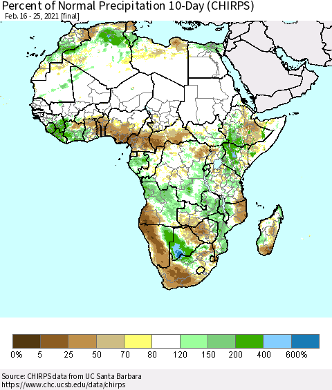 Africa Percent of Normal Precipitation 10-Day (CHIRPS) Thematic Map For 2/16/2021 - 2/25/2021