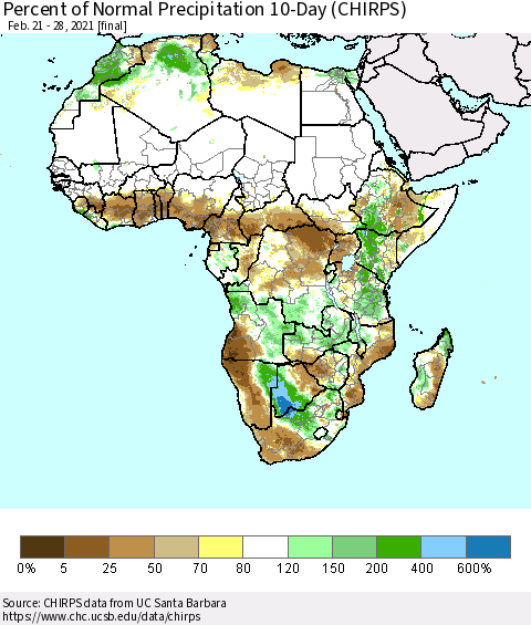Africa Percent of Normal Precipitation 10-Day (CHIRPS) Thematic Map For 2/21/2021 - 2/28/2021