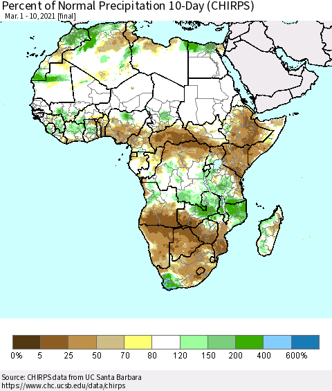 Africa Percent of Normal Precipitation 10-Day (CHIRPS) Thematic Map For 3/1/2021 - 3/10/2021