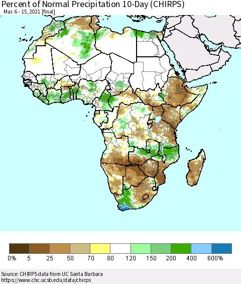 Africa Percent of Normal Precipitation 10-Day (CHIRPS) Thematic Map For 3/6/2021 - 3/15/2021