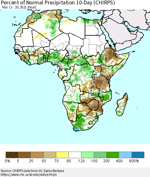 Africa Percent of Normal Precipitation 10-Day (CHIRPS) Thematic Map For 3/11/2021 - 3/20/2021