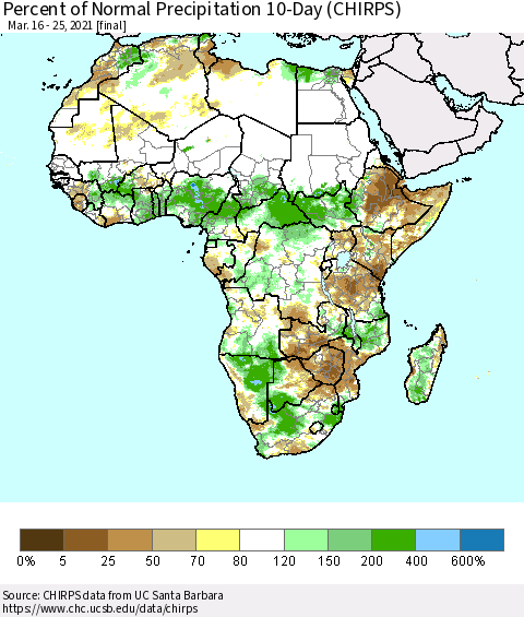 Africa Percent of Normal Precipitation 10-Day (CHIRPS) Thematic Map For 3/16/2021 - 3/25/2021