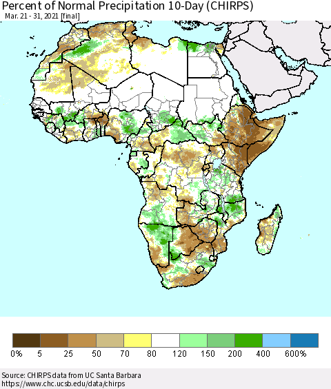 Africa Percent of Normal Precipitation 10-Day (CHIRPS) Thematic Map For 3/21/2021 - 3/31/2021
