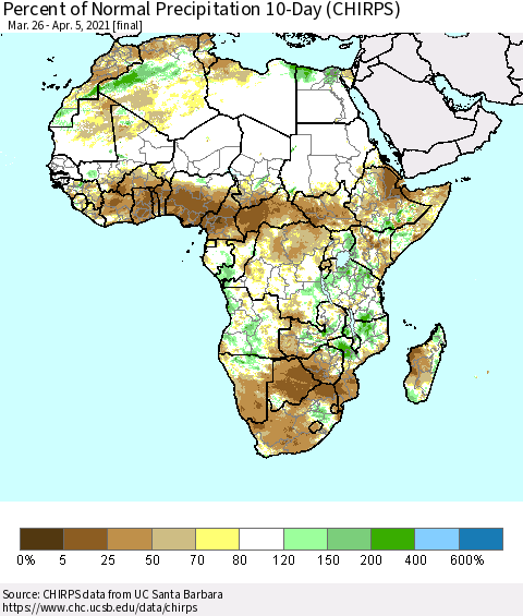 Africa Percent of Normal Precipitation 10-Day (CHIRPS) Thematic Map For 3/26/2021 - 4/5/2021