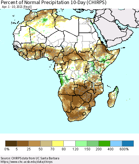 Africa Percent of Normal Precipitation 10-Day (CHIRPS) Thematic Map For 4/1/2021 - 4/10/2021
