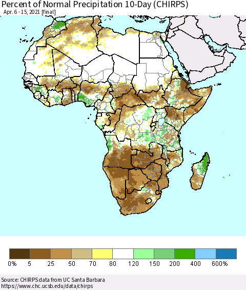 Africa Percent of Normal Precipitation 10-Day (CHIRPS) Thematic Map For 4/6/2021 - 4/15/2021