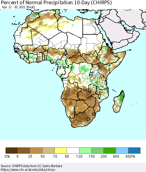 Africa Percent of Normal Precipitation 10-Day (CHIRPS) Thematic Map For 4/11/2021 - 4/20/2021