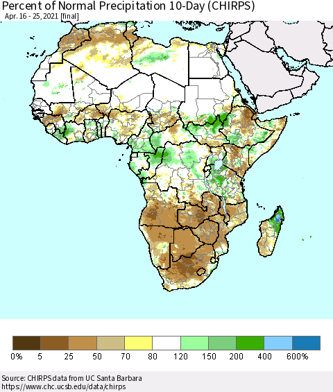 Africa Percent of Normal Precipitation 10-Day (CHIRPS) Thematic Map For 4/16/2021 - 4/25/2021