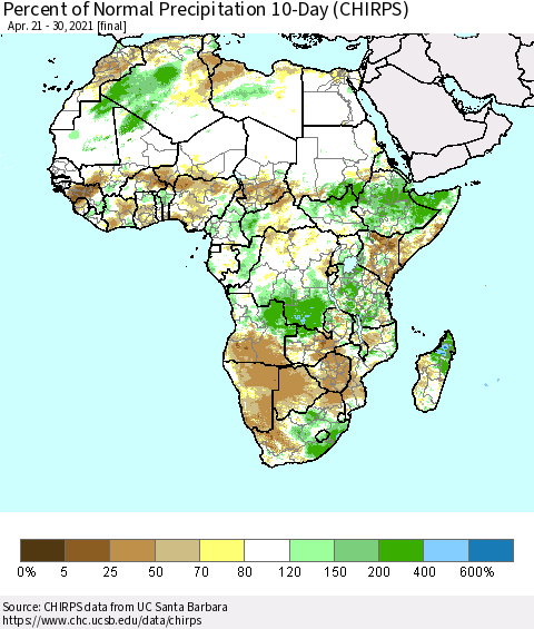 Africa Percent of Normal Precipitation 10-Day (CHIRPS) Thematic Map For 4/21/2021 - 4/30/2021